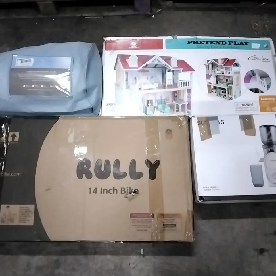 PALLET CONTAINING ASSORTED PRODUCTS INCLUDING 14" BIKE, COLD PRESS JUICER, COUNTRY ESTATE DOLLHOUSE & FEATHER DOWN DUVET
