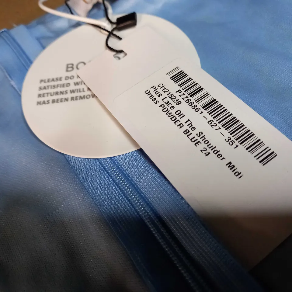 BOOHOO OCCASION LACE OFF THE SHOULDER MIDI POWDER BLUE DRESS - SIZE 24