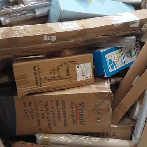 PALLET OF ASSORTED ITEMS INCLUDING: PRESSURE WASHER, PRESSURE SPRAYER, BLINDS, OAK FLOATING SHELF ECT