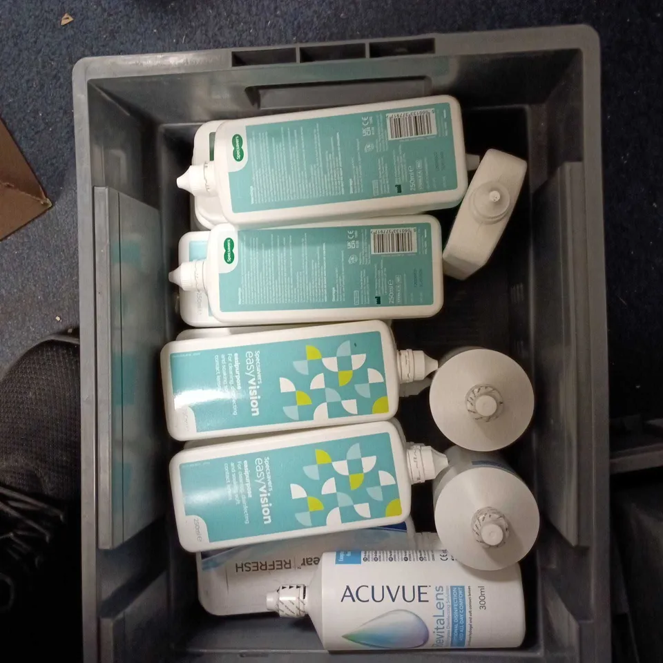 BOX OF APPROXIMATELY 25 ASSORTED CONTACT LENS CLEANERS