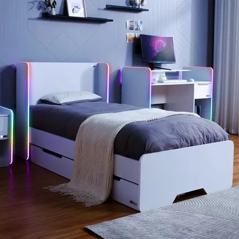 BOXED X ROCKER ELECTRA LED SINGLE GAMING BED WITH DRAWERS - WHITE RGB (2 BOXES)