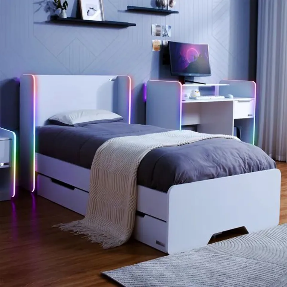 BOXED X ROCKER ELECTRA LED SINGLE GAMING BED WITH DRAWERS - WHITE RGB (2 BOXES)