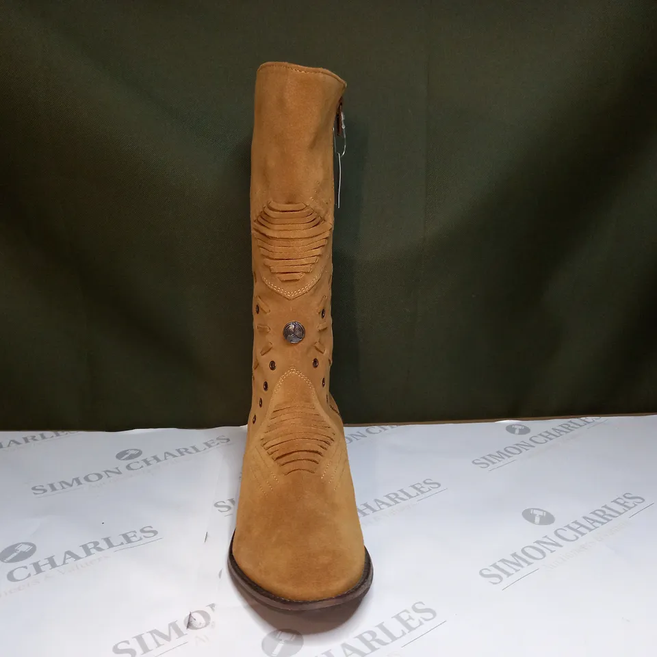 BOXED PAIR OF JOE BROWNS BRICK LANE SUEDE MIDI BOOTS IN TAN SIZE 6
