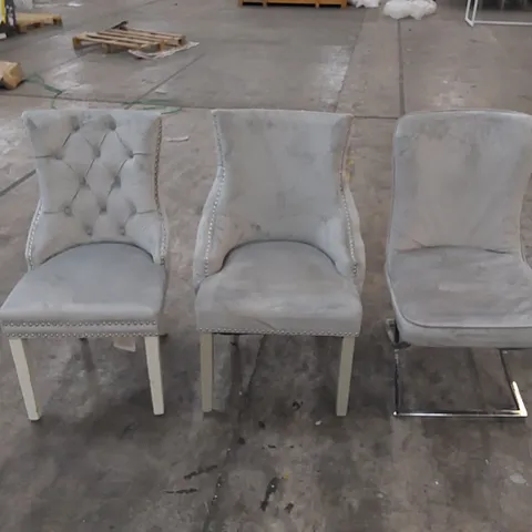 3 X ASSORTED LIGHT GREY VELVET DINING CHAIRS