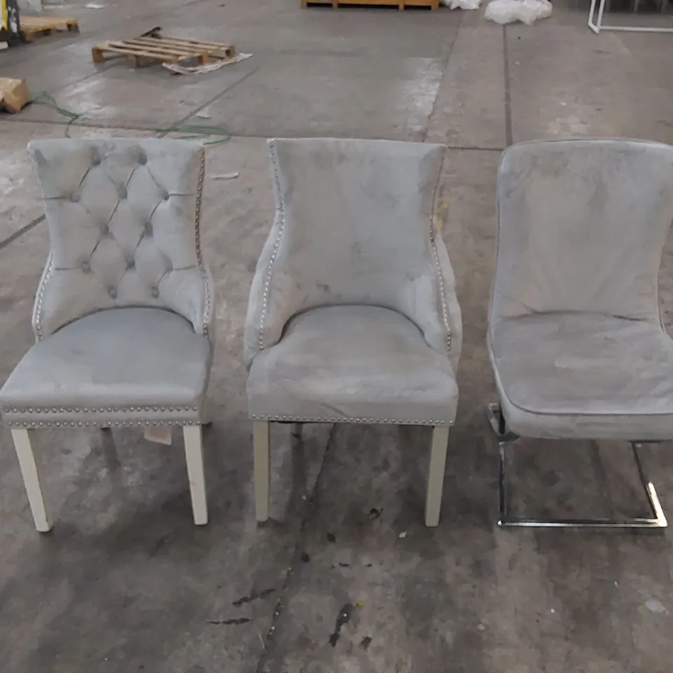 3 X ASSORTED LIGHT GREY VELVET DINING CHAIRS 