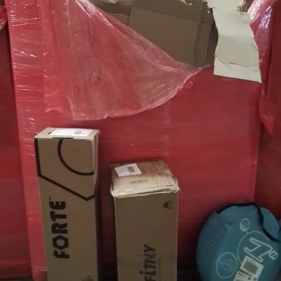 PALLET OF ASSORTED HOUSEHOLD GOODS AND PRODUCTS TO INCLUDE;POPUP TENT,GYMNASTICS AIR MAT,HEDGE TRIMMER