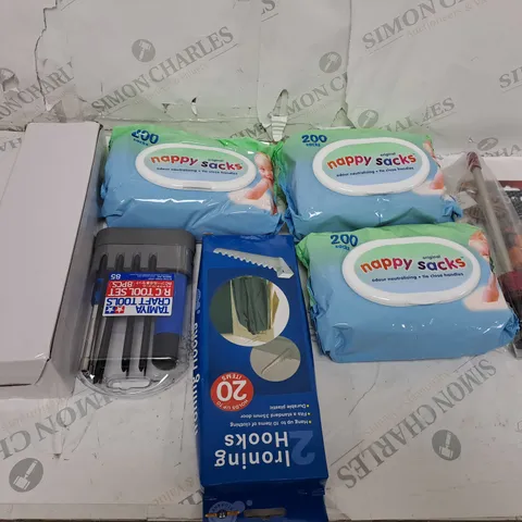 BOX OF ASSORTED HOUSEHOLD ITEMS TOO INCLUDE TOOLS AND BABY PRODUCTS