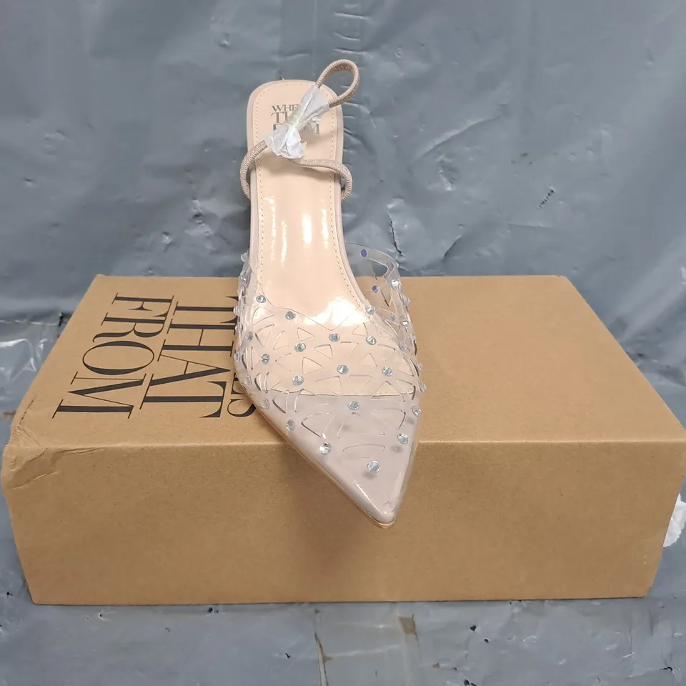 BOXED PAIR OF WHERE'S THAT FROM POINTED TOE HEELED SHOES IN CLEAR SIZE UK 8
