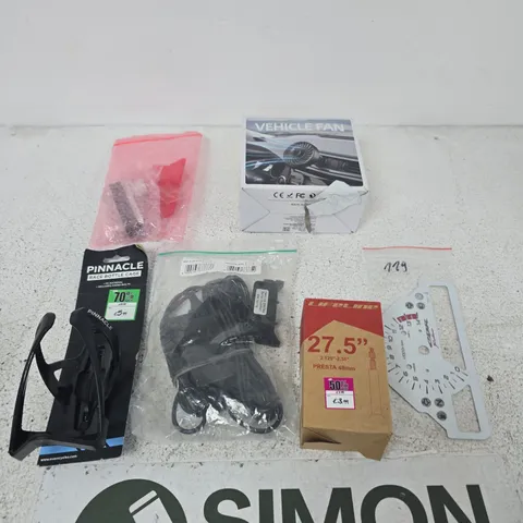 APPROXIMATELY 15 ASSORTED ITEMS INCLUDING PINNACLE RACE BOTTLE CAGE, LIFELINE PRESTA INNER TUBE AND A VEHICLE FAN