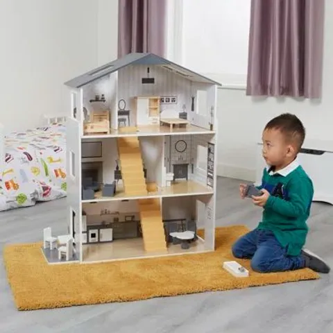 BOXED KIDS DOLL HOUSE WITH HANDCRAFTED WOOD FURNITURE ACCESSORIES (1 BOX)