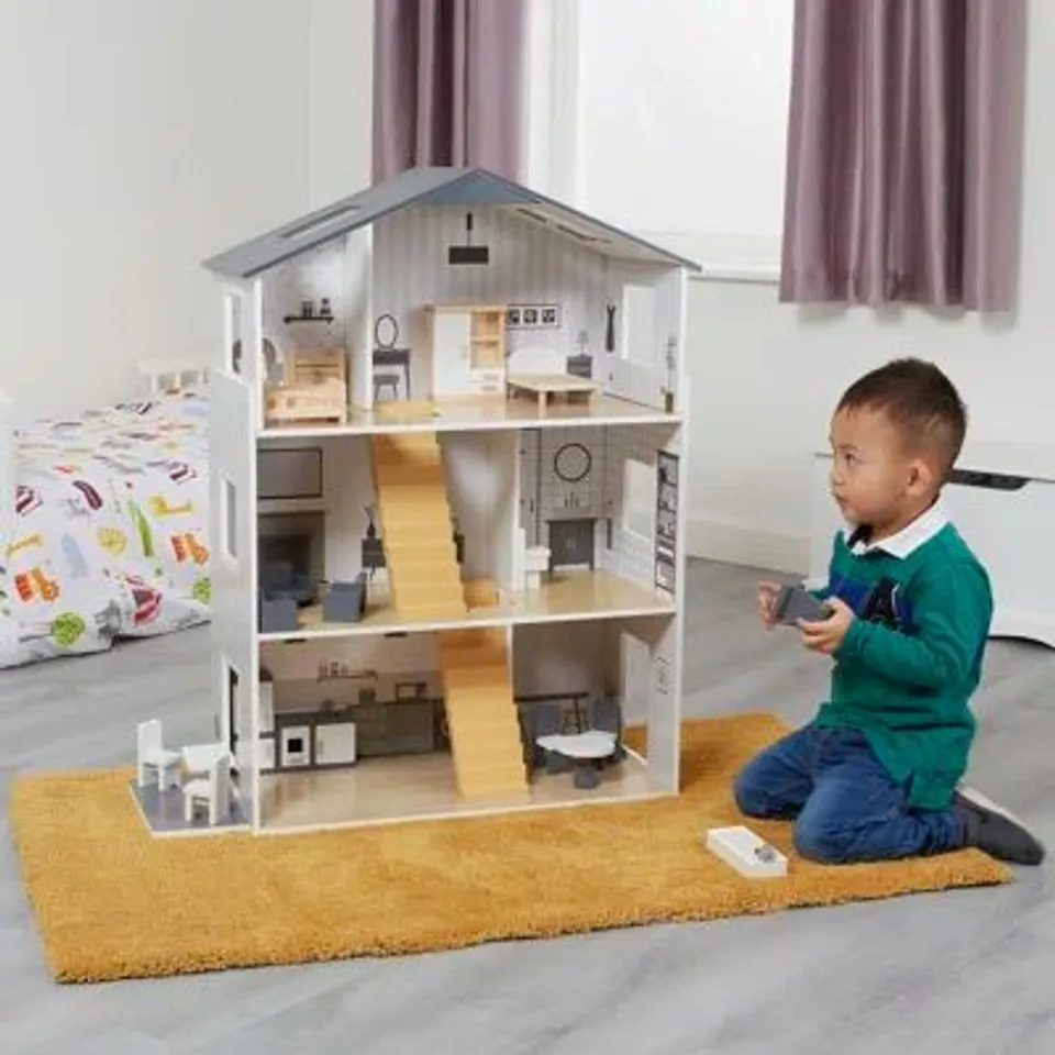 BOXED KIDS DOLL HOUSE WITH HANDCRAFTED WOOD FURNITURE ACCESSORIES (1 BOX)