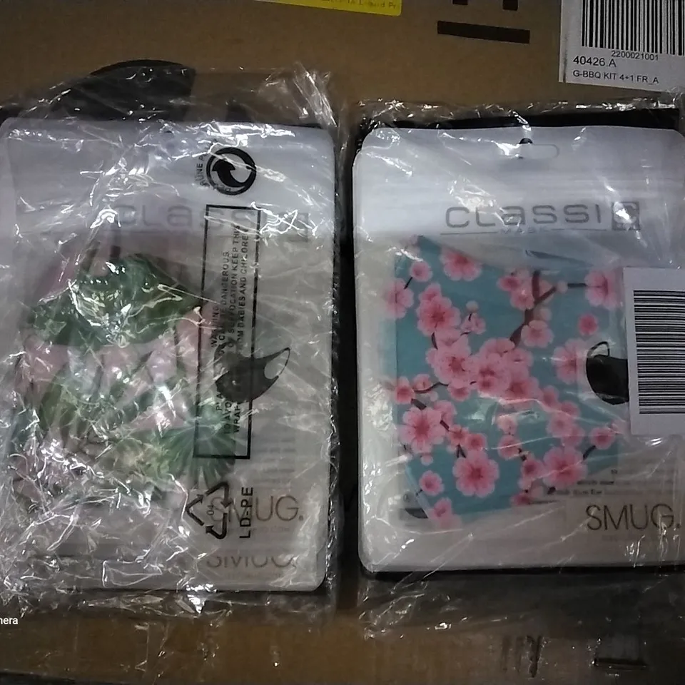 BOX OF APPROXIMATELY 50 SMUG HOME FACE COVERS PRINT X5 AND CARRY CASE