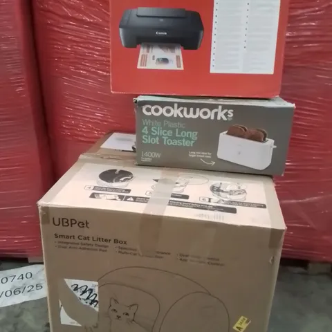 PALLET CONTAINING VARIOUS ASSORTED BOXED HOUSEHOLD ITEMS TO INCLUDE: CANON PRINTER, 4 SLICE TOASTER, AUTOMATIC SELF CLEANING CAT LITTER BOX, OFFICE CHAIR AND LOTS MORE UNMARKED BOXED ITEMS