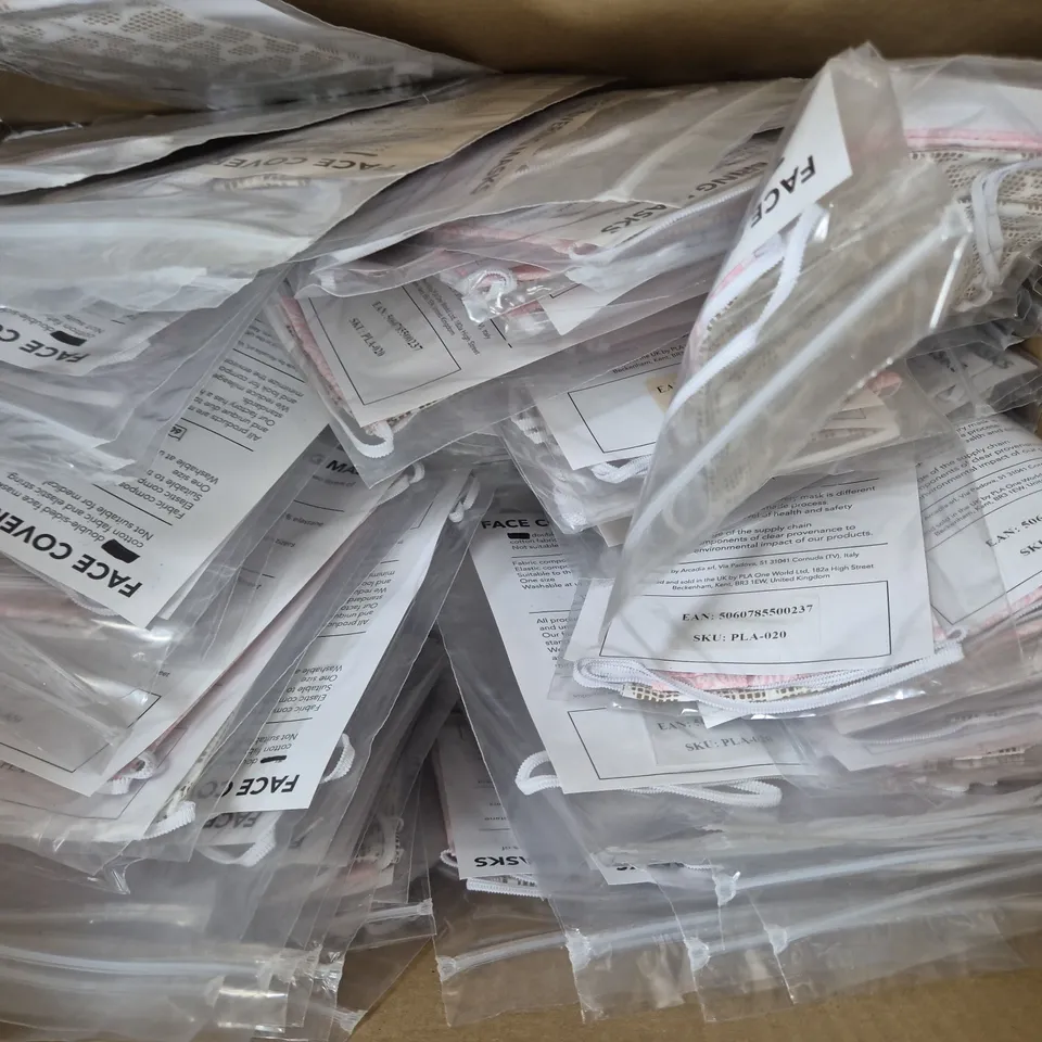 BOX OF APPROXIMATELY 140 ASSORTED UNBRANDED FACE COVERINGS AND MASKS IN VARIOUS STYLES AND COLOURS