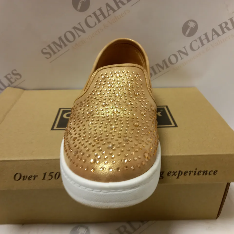 BOXED PAIR OF CUSHION WALK DIAMANTE SLIP ON SHOES, ROSE GOLD - SIZE 7