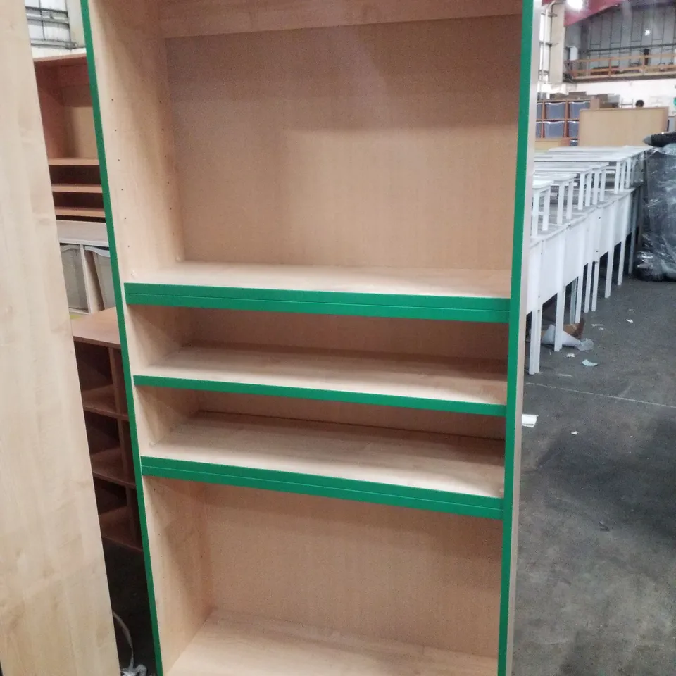TALL LEARNING FURNITURE TRAY CUPBOARD/BOOKCASE WITH GREEN EDGING IN MAPLE