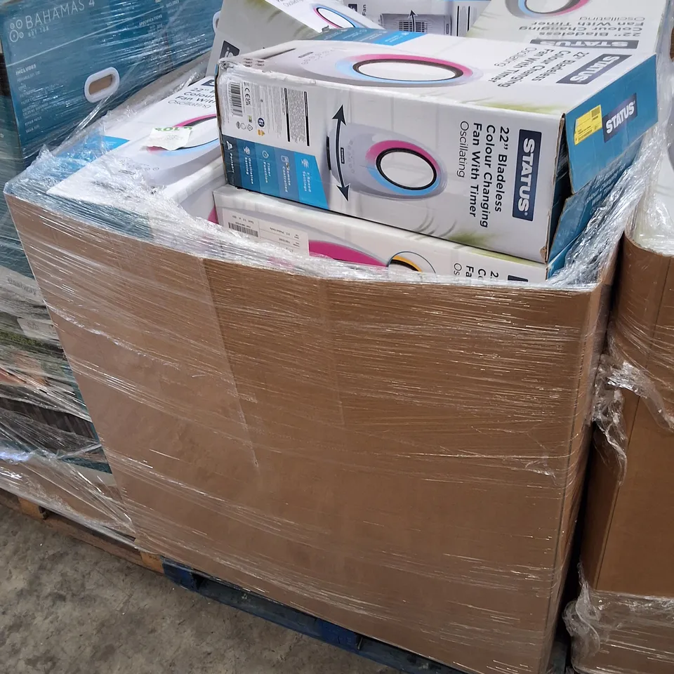PALLET CONTAINING LARGE QUANTITY OF RETURN STATUS 22" BLADELESS COLOUR CHANGING FANS WITH TIMER & 14" TOWER FANS