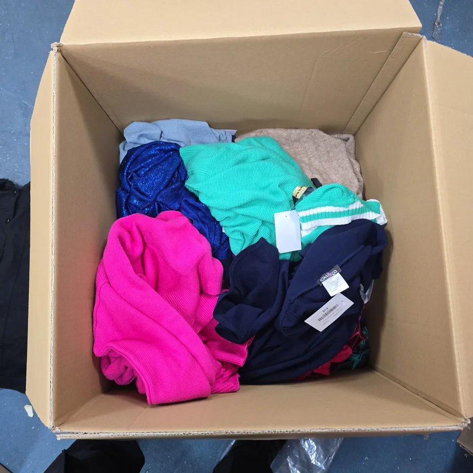 BOX OF APPROXIMATELY 25 ITEMS OF CLOTHING TO INCLUDE: BLACK TURTLENECK, BLACK STRETCH DENIM JACKET AND RED TURTLENECK