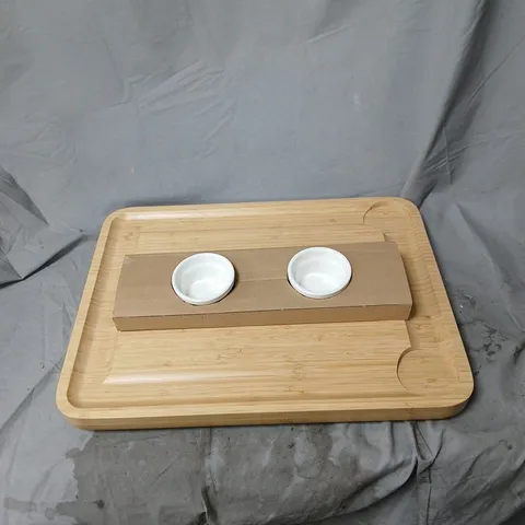 SO WOOD BAMBOO SERVING TRAY WITH TWO WHITE CERAMIC BOWLS