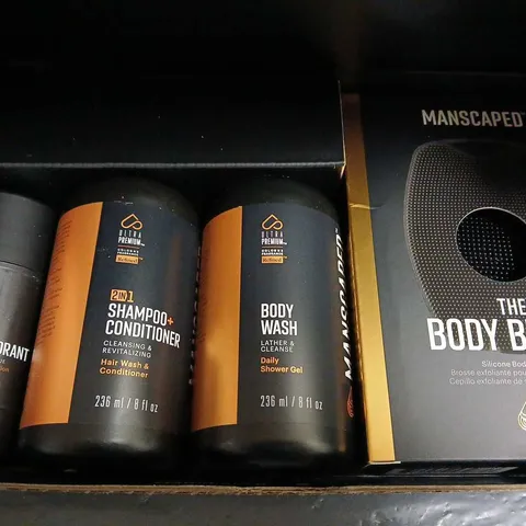 BOXED MANSCAPED GIFT BOX TO INCLUDE - BODY WASH , BODY BUFFER , DEODRANT ETC