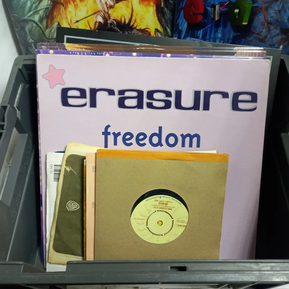 BOX OF APPROX 10 VINYLS INCLUDING ERASURE FREEDOM, BEAST IN BLACK AND ERASURE I SAY