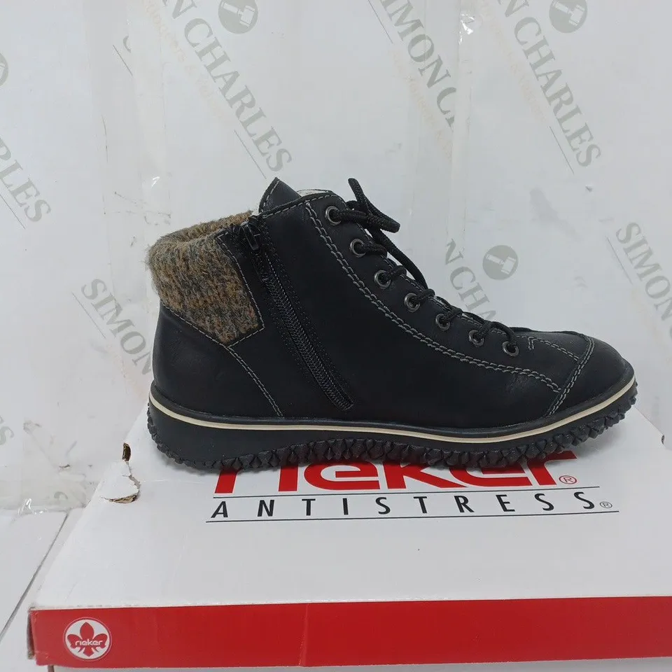 BOXED PAIR OF RIEKER LACE UP BOOTS IN BLACK SIZE 6
