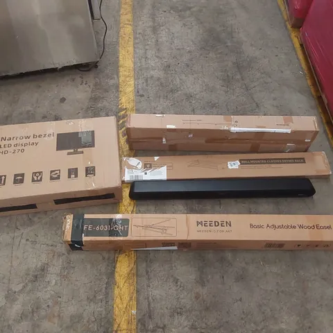 PALLET OF ASSORTED ITEMS INCLUDING: HEYMELL SOUNDBAR, LED MONITOR, WOOD EASEL, WALL MOUNTED CLOTHES RACK, STAIRCASE HANDRAIL ECT