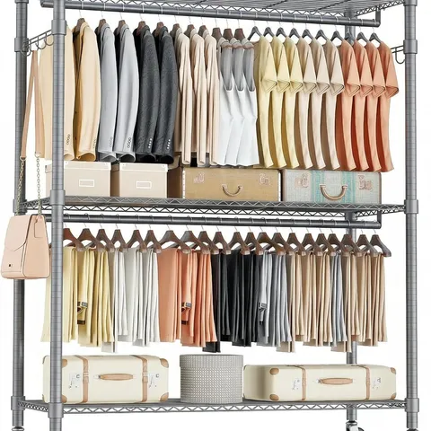 BOXED HOMDOX 3 SHELVES WIRE SHELVING CLOTHING ROLLING RACK HEAVY DUTY COMMERCIAL GRADE GARMENT RACK WITH WHEELS AND SIDE HOOKS