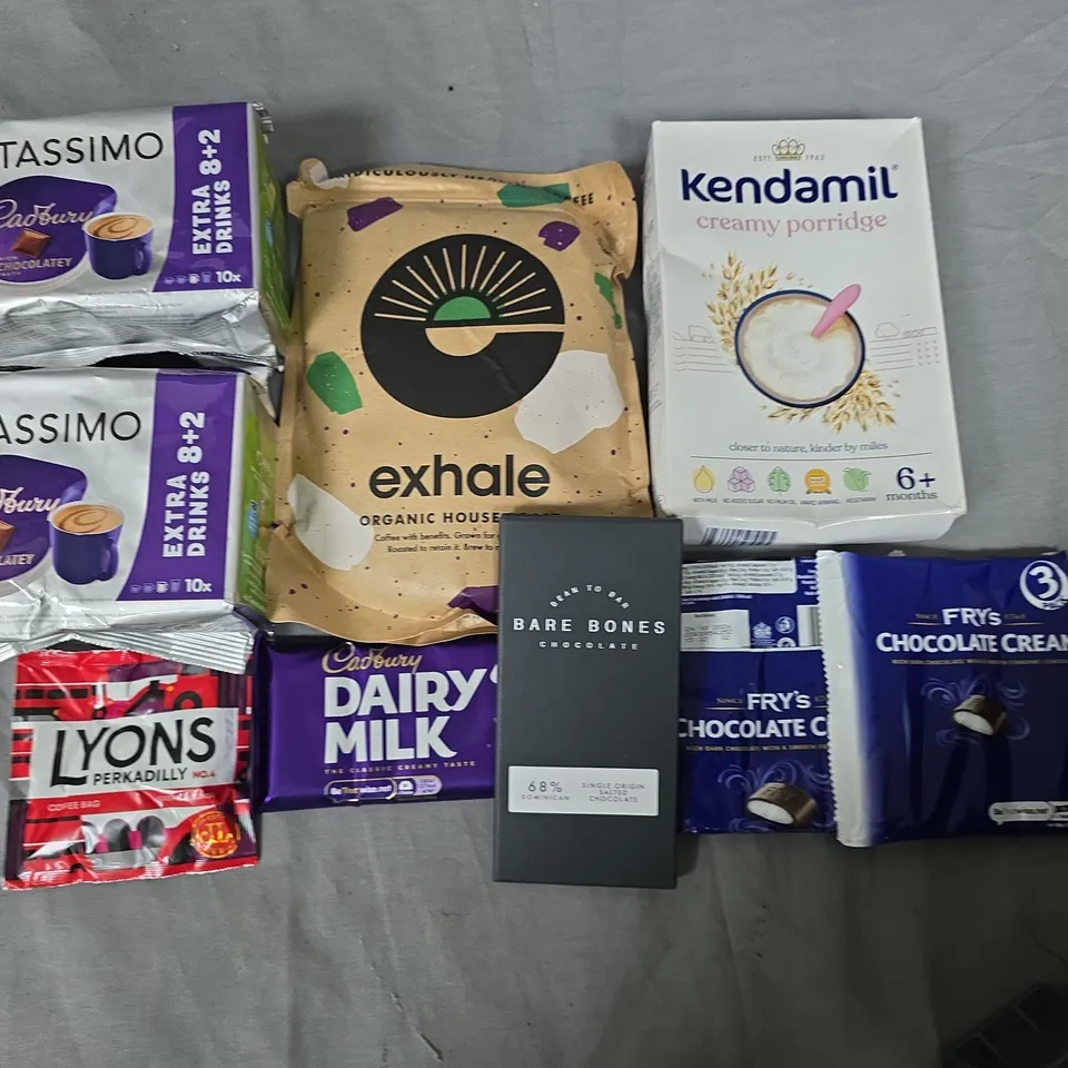 LOT OF 19 ASSORTED FOOD ITEMS TO INCLUDE TASSIMO SINGLES, EXHALE COFFEE AND VARIOUS CHOCOLATE