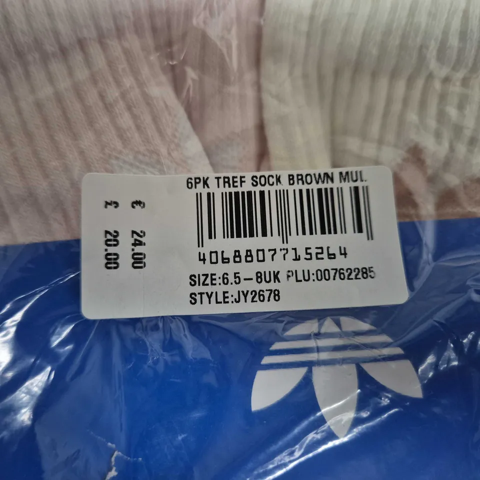 ADIDAS 6-PACK TREFOIL SOCKS – BROWN/MULTI, UK 6.5–8