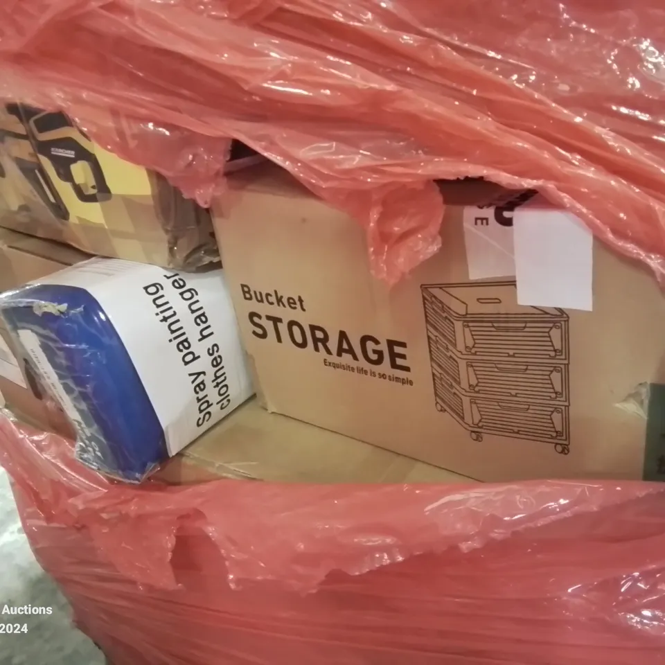 PALLET OF MIXED HOUSEHOLD ITEMS TO INCLUDE; K4 PRESSURE WASHER, WOOD EFFECT DRAWS, BUCKET STORAGE UNIT, SPRAY PAINTING CLOTHES HANGER ETC,