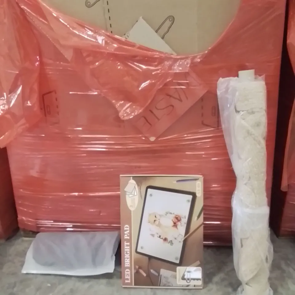 PALLET OF ASSORTED HOUSEHOLD GOODS AND PRODUCTS TO INCLUDE;LED BRIGHT PAD,AREA RUG,GEL CUSHION 
