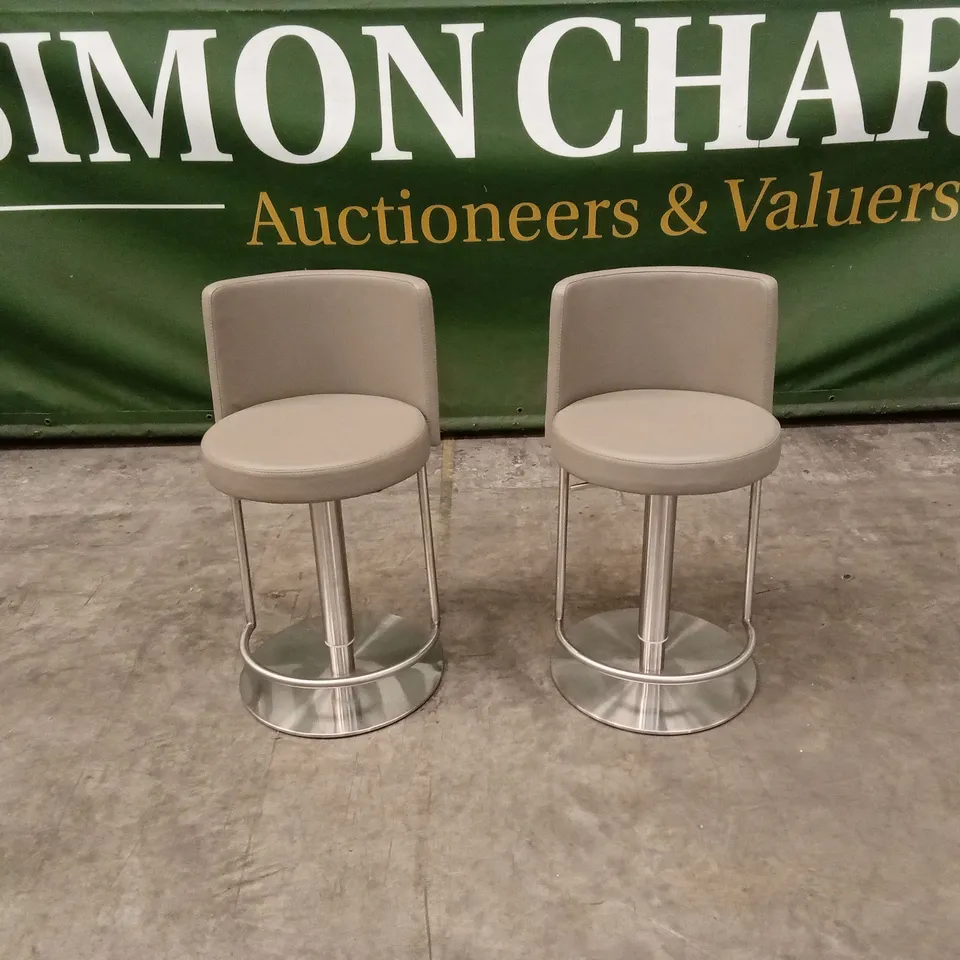 SET OF 2 QUALITY DESIGNER MONZA GAS-LIFT BARSTOOLS, TAUPE PU LEATHER