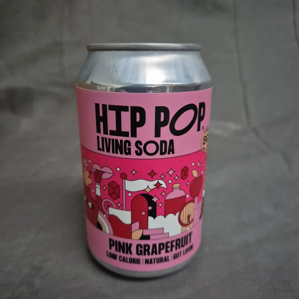 BOX OF APPROX 24 CANS OF HIP POP SODA - PINK GRAPEFUIT