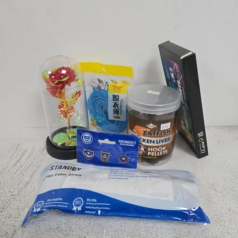 APPROXIMATELY 15 ASSORTED HOUSEHOLD ITEMS TO INCLUDE CATFISH CHICKEN PELLETS, WATER FILTER STRAW, ACRYLIC PAINTS, ETC