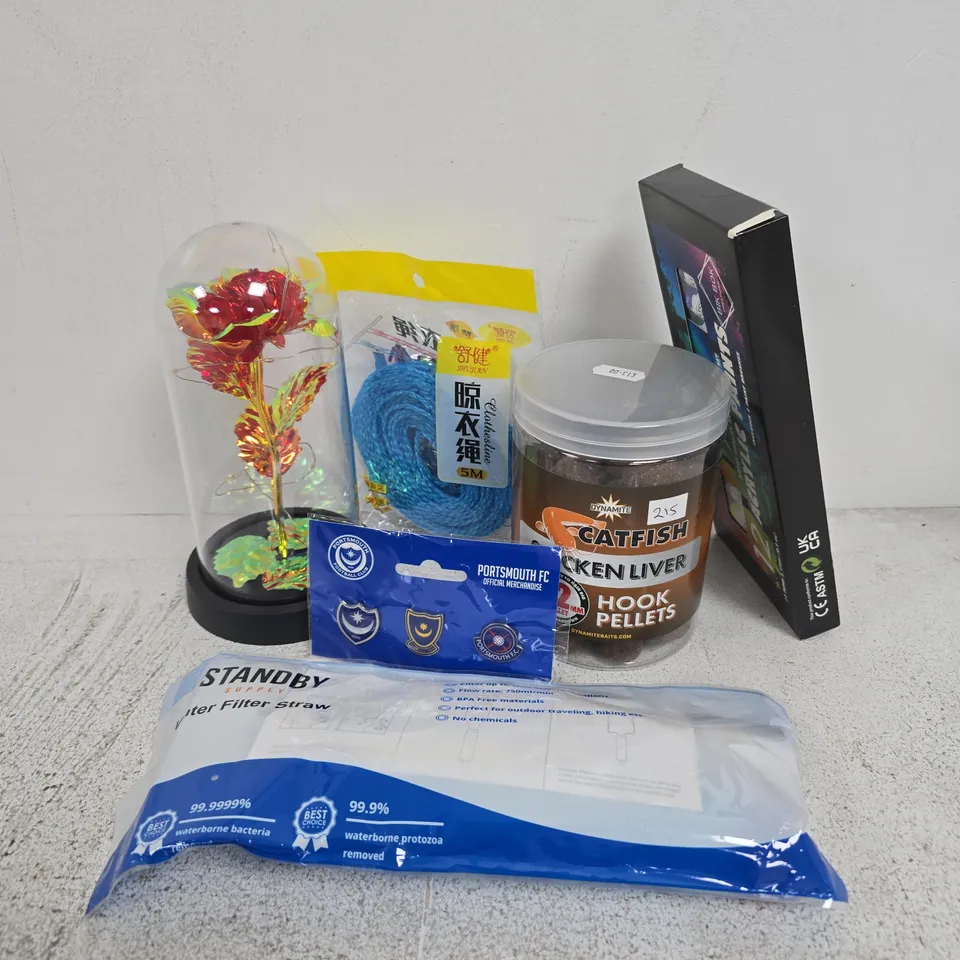APPROXIMATELY 15 ASSORTED HOUSEHOLD ITEMS TO INCLUDE CATFISH CHICKEN PELLETS, WATER FILTER STRAW, ACRYLIC PAINTS, ETC