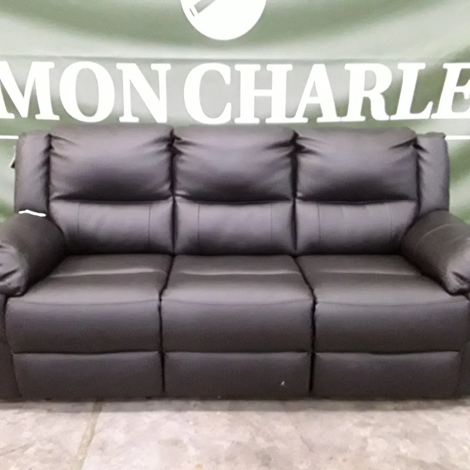 DESIGNER ALBION 3 SEATER MANUAL RECLINER SOFA - BLACK LEATHER