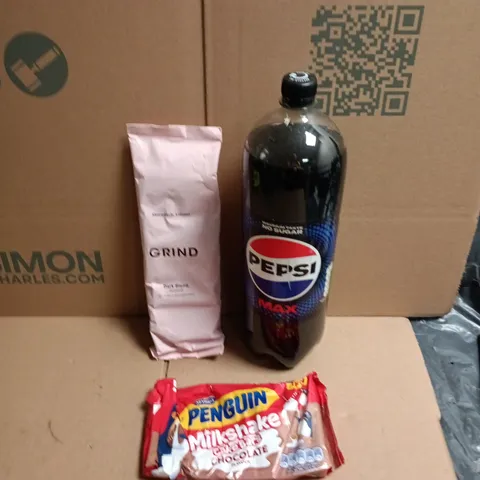APPROXIMATELY 12 ASSORTED FOOD AND DRINKS ITEMS TO INCLUDE - PEPSI MAX, PENGUIN MILKSHAKE CAKE BARS, GRIND DARK BLEND GROUND COFFEE ETC 