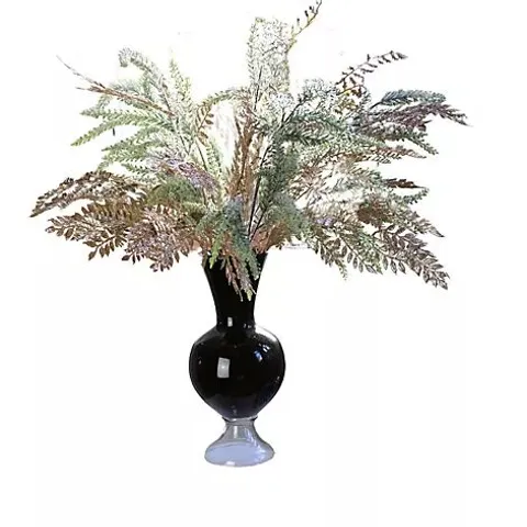 PEONY SPARKLE FOLIAGE IN A LARGE BLACK FOOTED GLASS VASE