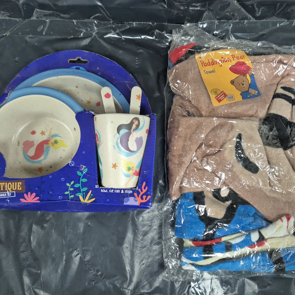 BOX OF APPROXIMATELY 10 ASSORTED HOUSEHOLD ITEMS TO INCLUDE PADDINGTON BEAR TOWEL, BAMBOOTIQUE ECO-FRIENDLY DINNER SET, ETC - COLLECTION ONLY