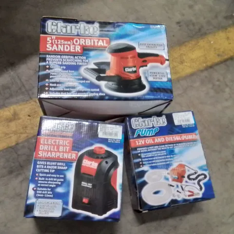 BOX OF ASSORTED ITEMS TO INCLUDE;CLARKE ORBITAL GRINDER,CLARKE ELECTRIC DRILL BIT SHARPENER,CLARKE 12V OIL AND DIESEL PUMP