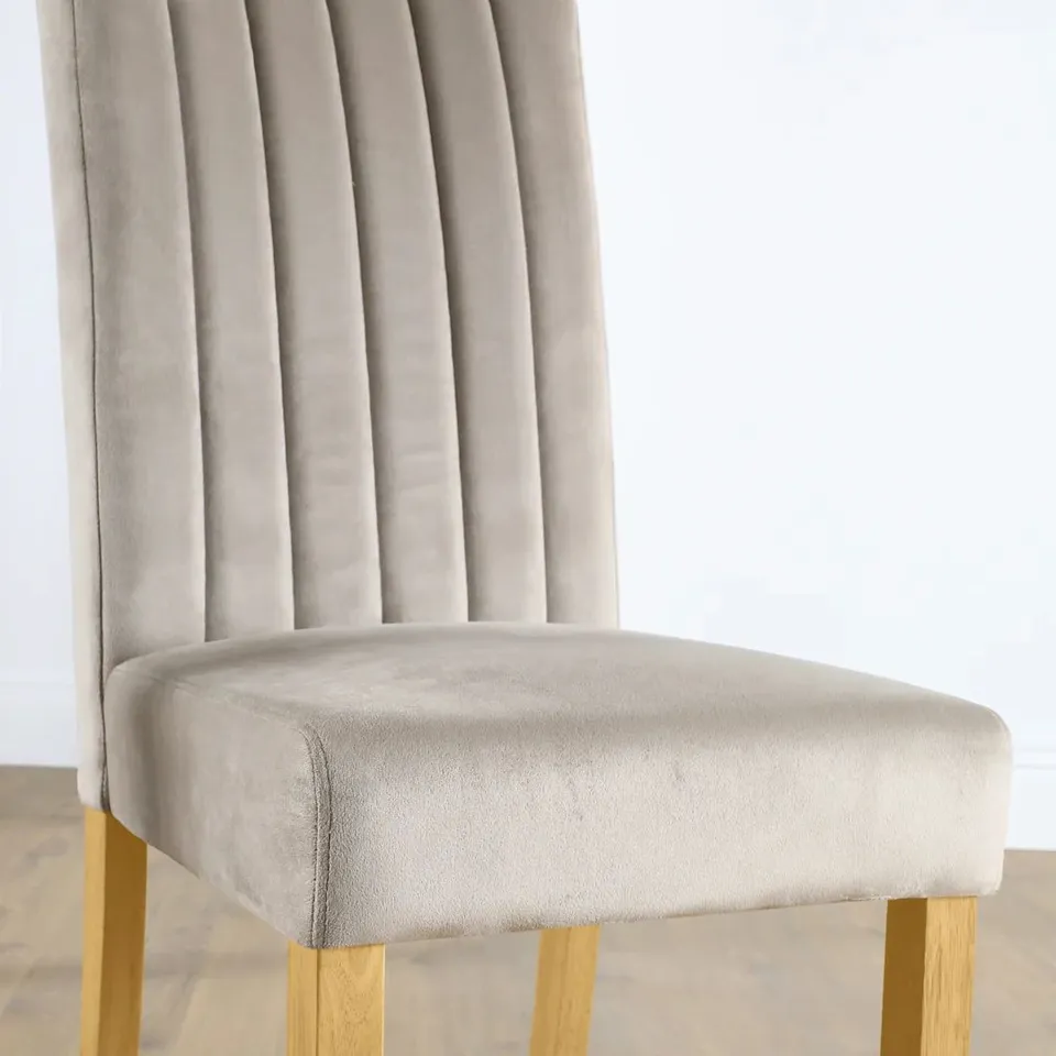 BOXED SALISBURY DINING CHAIR, CHAMPAGNE CLASSIC VELVET & NATURAL OAK FINISHED SOLID HARDWOOD 