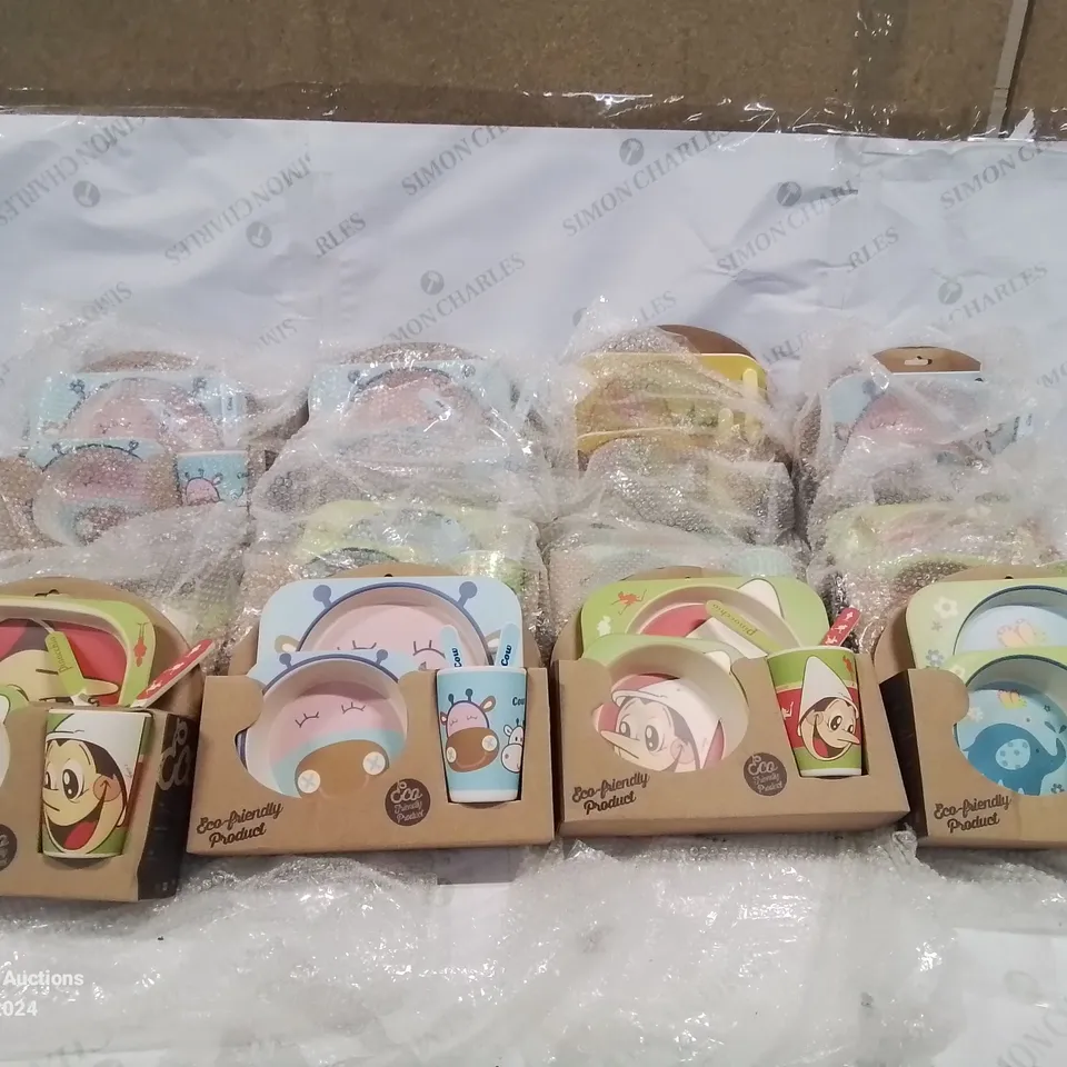 12 SETS OF CHILDREN'S ECO FRIENDLY PLATE, BOWL, CUP AND CUTLERY SETS.