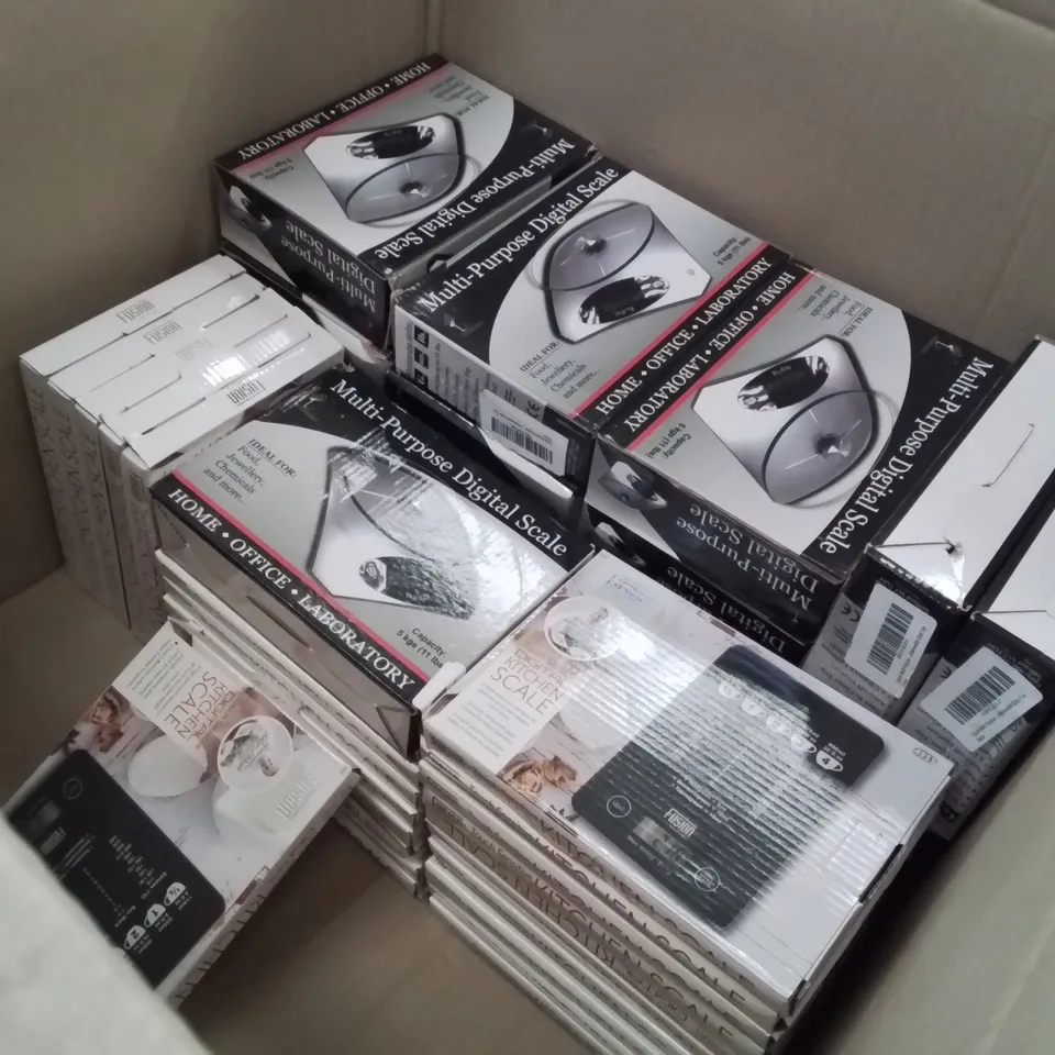 BOX CONTAINING A LARGE QUANTITY OF BRAND NEW DIGITAL KITCHEN SCALES 