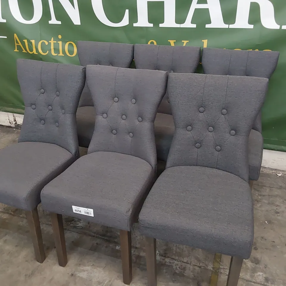 SET OF SIX UPHOLSTERED DINING CHAIRS BUTTONED BACKS, CHARCOAL FABRIC ON SILVER LEGS