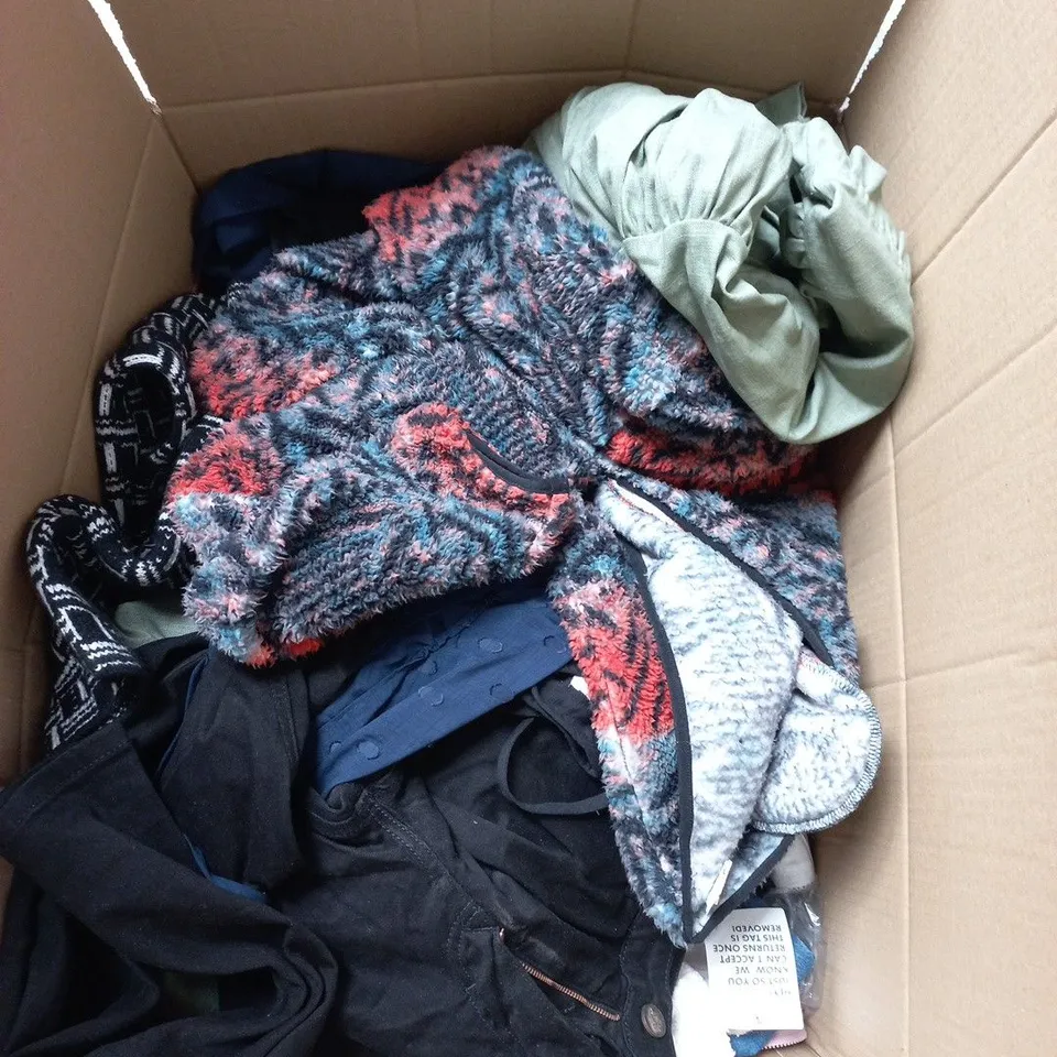 LARGE BOX OF APPROXIMATELY 20 ASSORTED CLOTHING ITEMS IN VARIOUS SIZES, STYLES AND COLOURS
