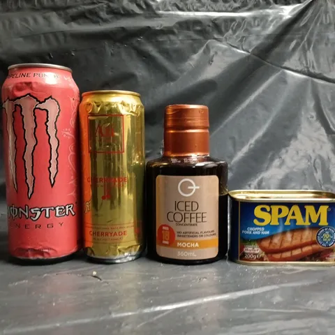 APPROXIMATELY 10 ASSORTED FOOD AND DRINK ITEMS TO INCLUDE SPAM, MONSTER ENERGY, ETC