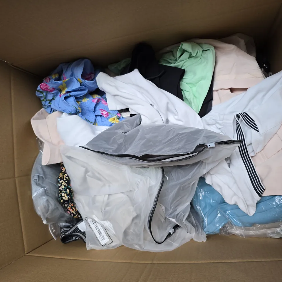 BOX OF 20 ASSORTED CLOTHING ITEMS IN VARIOUS SIZES, COLOURS AND STYLES - COLLECTION ONLY