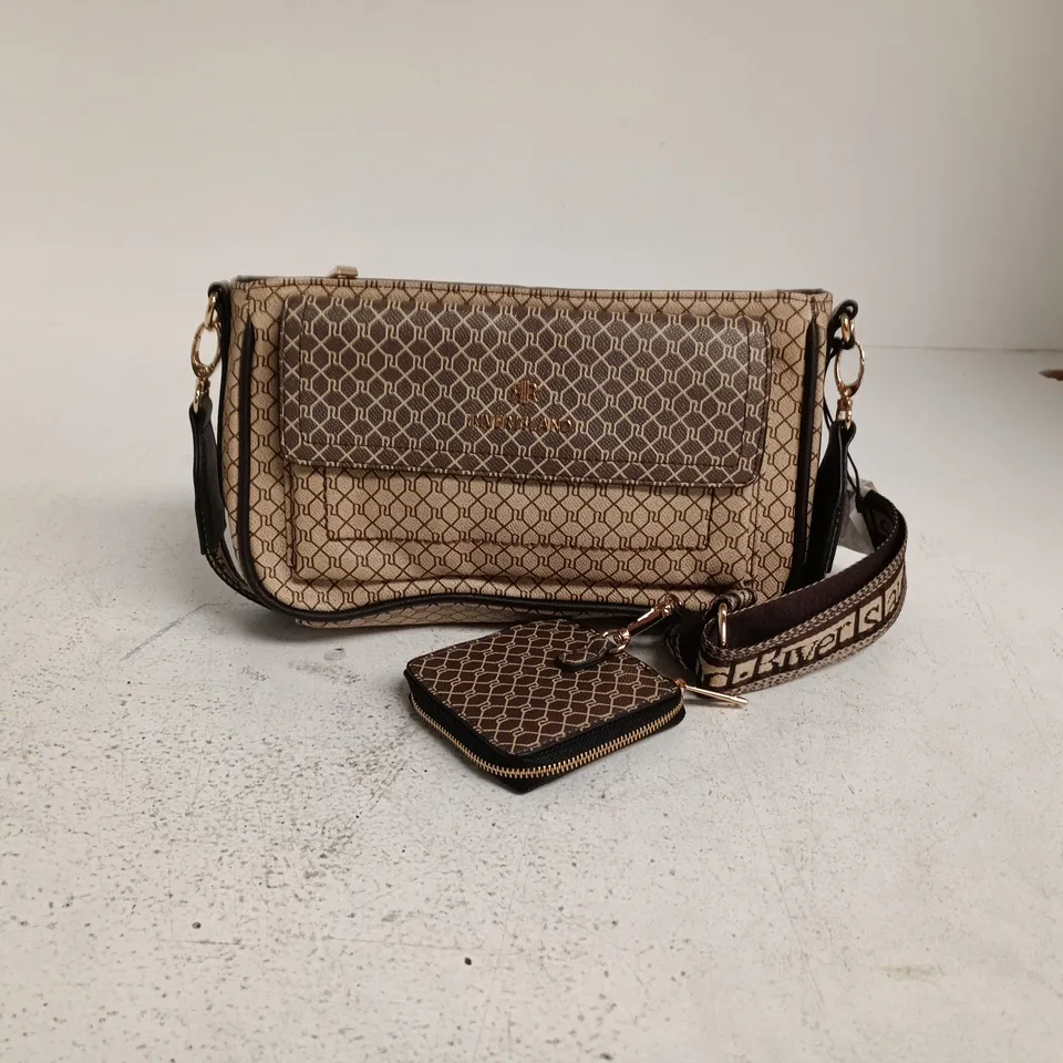 RIVER ISLAND BEIGE PATTERNED CROSSBODY HANDBAG WITH MATCHING WALLET