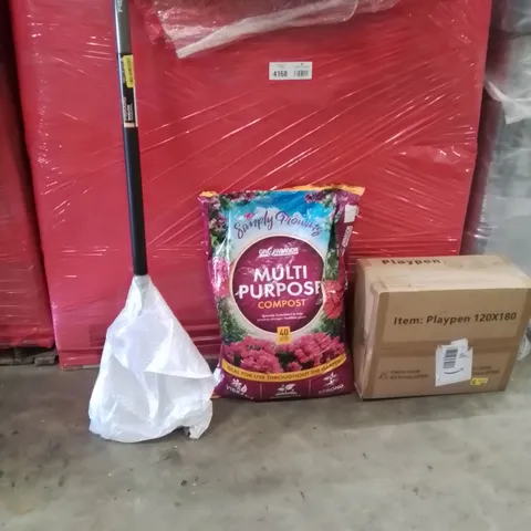 PALLET OF ASSORTED HOUSEHOLD PRODUCTS AND ITEMS TO INCLUDE;GARDEN FOLK,MULTI PURPOSE COMPOST,PLAYPEN,GYM WEIGHT BAR